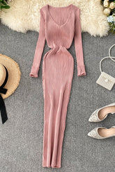 Robe tricotée col V robe pull élastique slim robe longue chaude en tricot